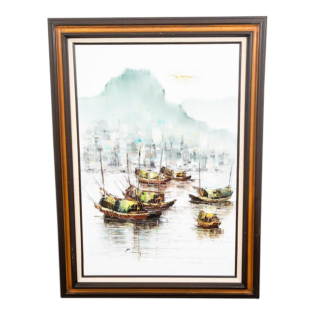 Mid Century Modern Original Art Boat Sailboat White Green Oil Canvas Signed Nm For Sale