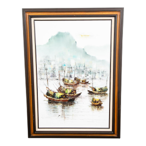 Mid Century Modern Original Art Boat Sailboat White Green Oil Canvas Signed Nm