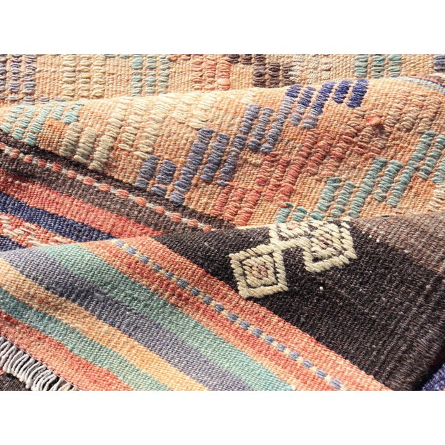 Mid 20th Century Colorful Vintage Embroidered Kilim Runner With Stripe's and Geometric Motifs For Sale - Image 10 of 11