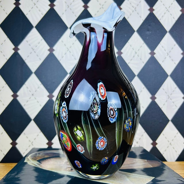 Large Amethyst Blown Art Glass Vase With Millefiori Floral Murrine, 13" For Sale In Boston - Image 6 of 11