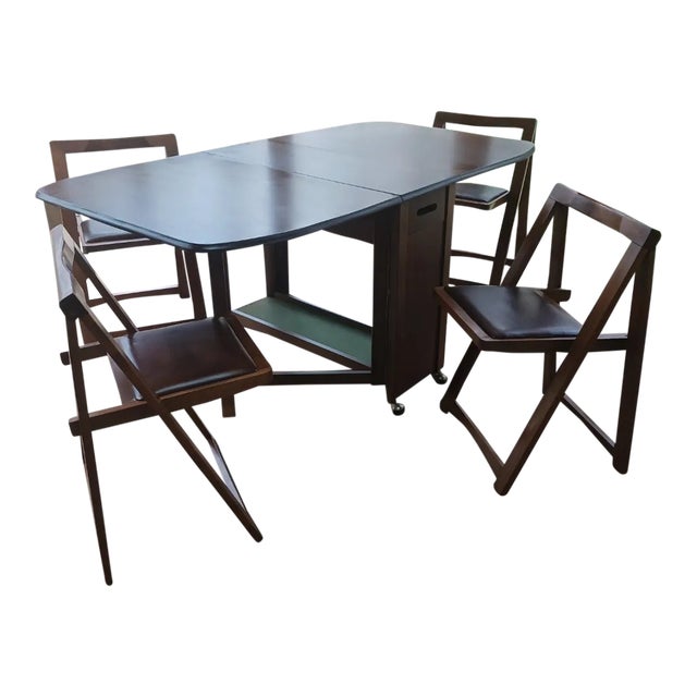 Vintage MidCentury Modern 1989 Romanian Drop Leaf Table With 4 Chairs Store Under Table Set