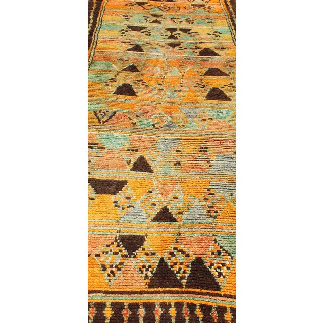 Mid 20th Century Mid 20th Century Long Vintage Moroccan Runner With Tribal Design in Orange, Brown, Blue and Green For Sale - Image 5 of 13