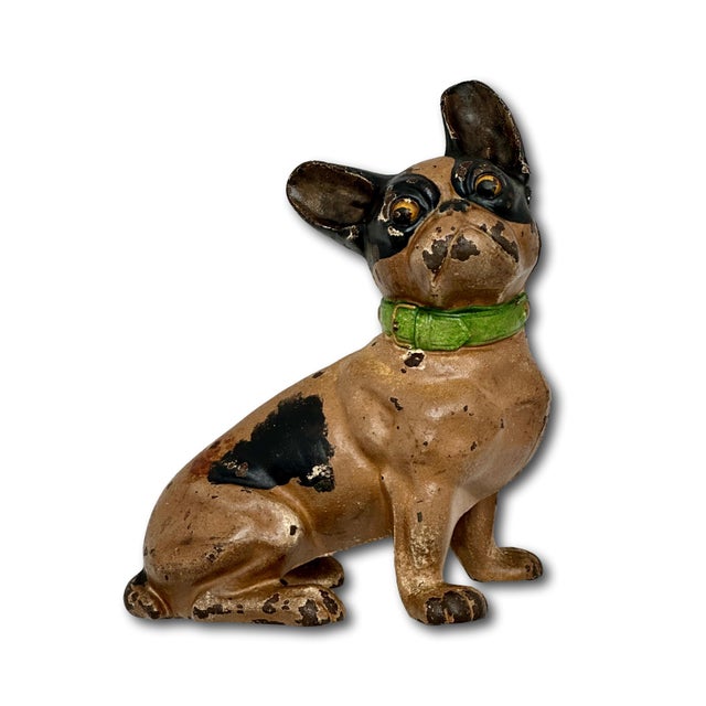 Vintage 1930s Hubley Manufacturing Co. Cast Iron French Bulldog Doorstop Unusual Green Collar For Sale - Image 11 of 18