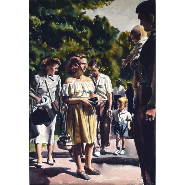 Realism Large Watercolor Painting of People Walking in Park by Stephen Horvath 1949 For Sale - Image 3 of 7