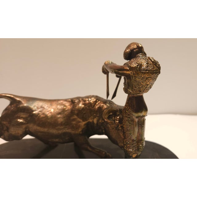 Metal Vintage Bronze Metal Bull Fighter Matador and Bull on Marble Base For Sale - Image 7 of 8