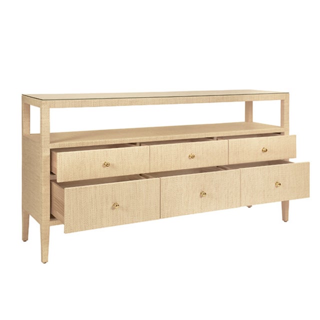 Worlds Away Matthew Izzo Home Jordan Natural Grasscloth Six Drawer Console Table With Glass Top and Polished Brass Knobs For Sale - Image 4 of 6