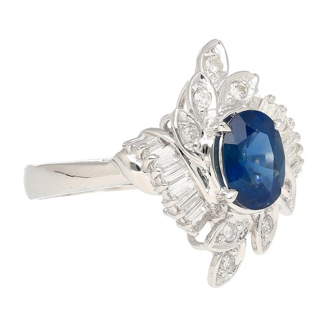 Early 21st Century Natural 1.52 Carat Oval Blue Sapphire and Diamond Platinum Floral Ring For Sale - Image 5 of 9