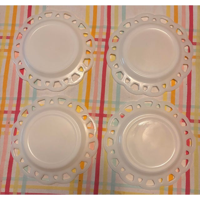 White Hazel-Atlas White Milk Glass Open Lace Edge Luncheon Plates, Set of 4 – 8.25” For Sale - Image 8 of 8