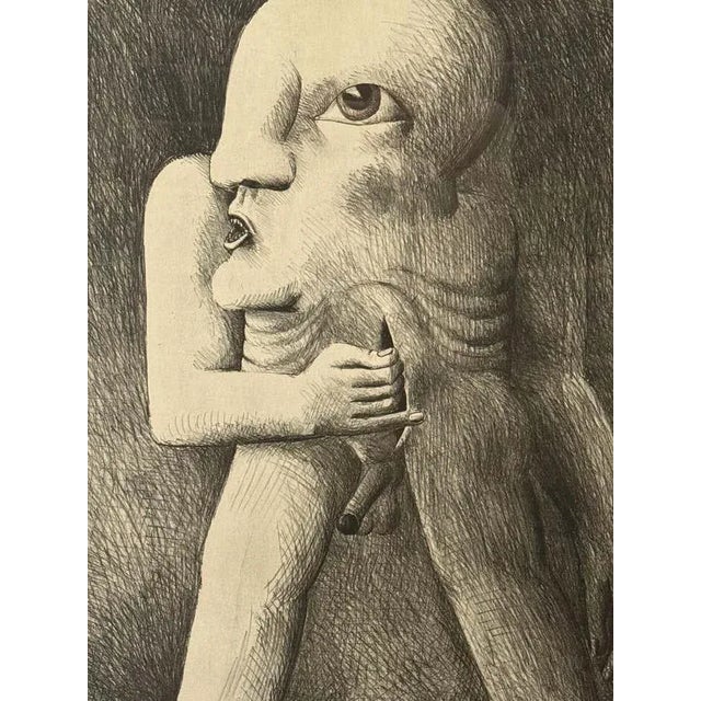 A surrealist etching in graphite tones portrays a distorted human form, with exaggerated facial features fused into the...