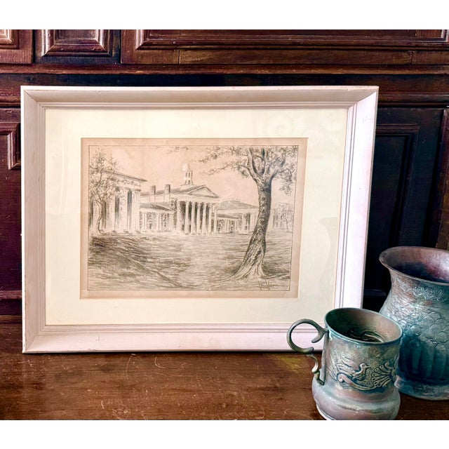 A vintage charcoal sketch of the main building and colonnade at Washington and Lee University in Lexington, Virginia. The...