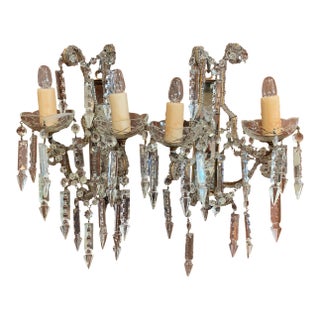 Pair Early 20th Century Italian Crystal Two-Light Wall Sconces For Sale