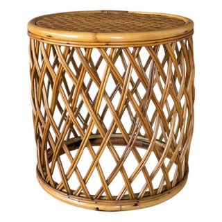 Vintage Boho Organic Modern Drum Form Rattan Side Table With Woven Top For Sale