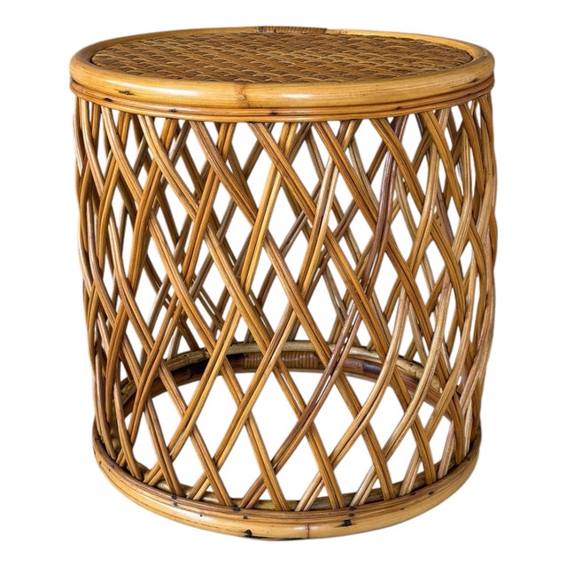 Vintage Boho Organic Modern Drum Form Rattan Side Table With Woven Top For Sale