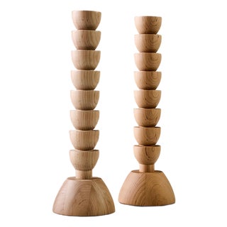 "Albert" Hand Turned Maple Candle Holders by Lostine, Set of 2 For Sale
