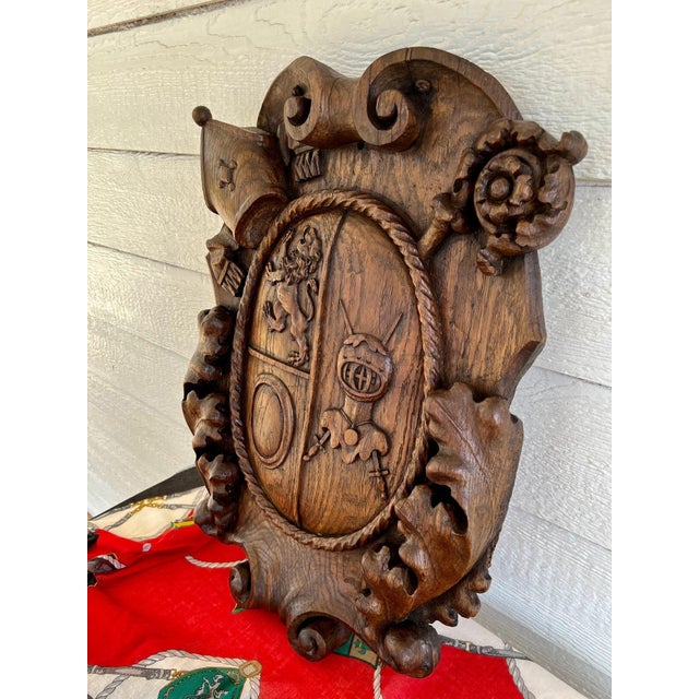 Antique French Gothic Wall Plaque Coat of Arms Carved Oak Renaissance C1890 For Sale In Dallas - Image 6 of 18