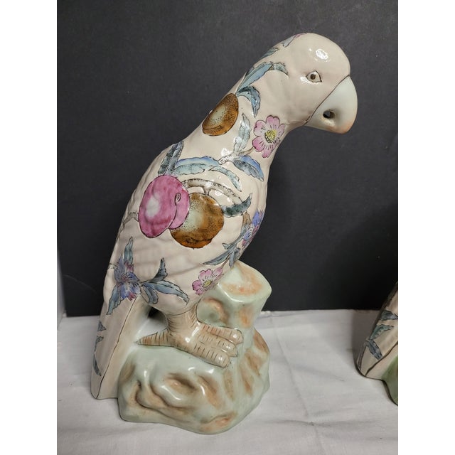 Mid Century Modern Famille Rose Style Parrot Figurines - Hand Painted For Sale - Image 4 of 6
