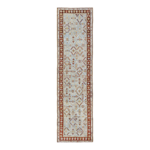 Ox Red and Ice Blue Antique Persian Malayer Runner With All-Over Geometrics 3'3 X 13'2