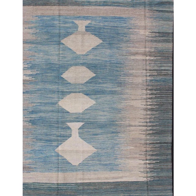 Flat-weave Kilim rug with diamonds design in shades of blue, gray, greens, Keivan Woven Arts / rug afg-6490, country of...