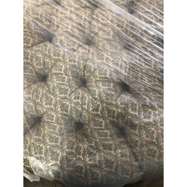 All wrapped up and ready to go...to your house! Oversized ottoman on casters, freshly upholstered in steel blue woven with...