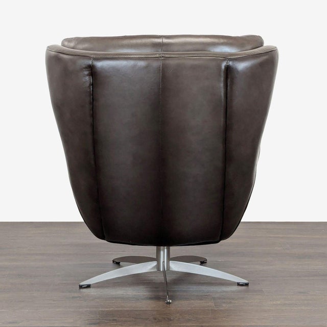 2010s Pottery Barn Wells Modern Brown Leather Swivel Chair With Yellow Pillow For Sale - Image 5 of 6