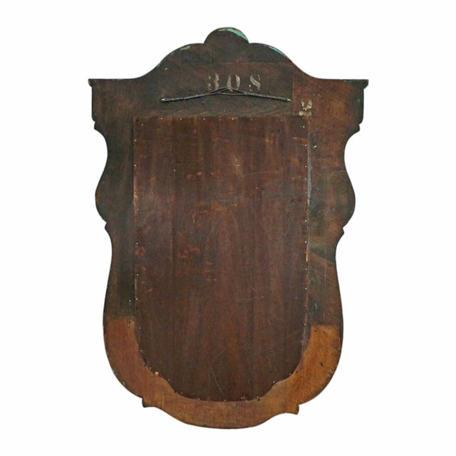 Early 20th Century Antique Large Oak Hall Tree Beveled Mirror Cast Iron Coat Hat Hooks Shield Shape Arts & Crafts Style For Sale - Image 5 of 6