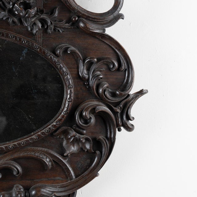 Wood Early 20th Century Carved Oval Dark Oak Mirror From Portugal For Sale - Image 7 of 10