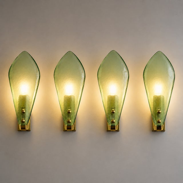 White Modern Italian Sanded Green Leaf Murano Glass Wall Sconces, 4-Piece Set For Sale - Image 8 of 8