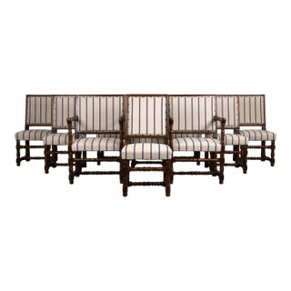 Antique French Louis XIII Style Walnut Dining Chairs W/ Striped Fabric - Set of 10 For Sale