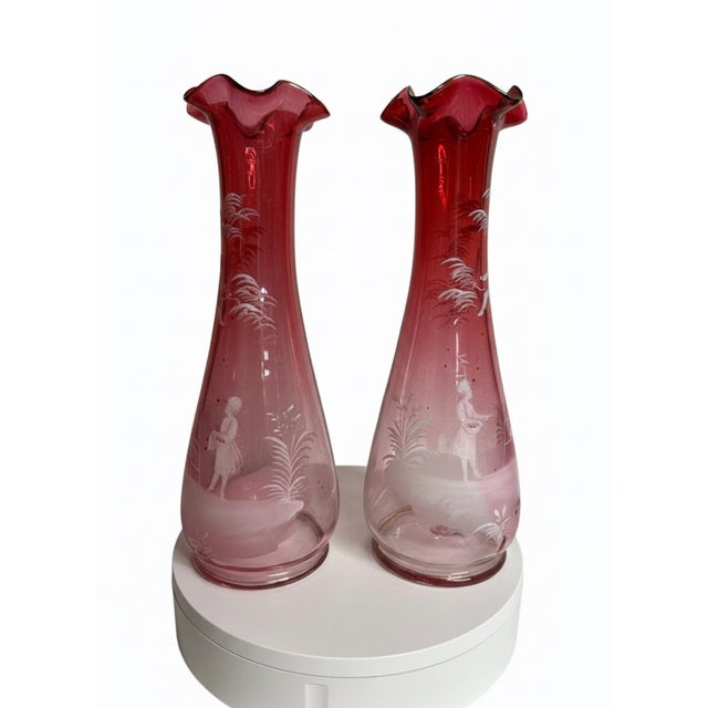 Raspberry Pink Magnificent 14" Antique Bohemian Cranberry Glass Mary Gregory Vases - Facing Pair For Sale - Image 8 of 11