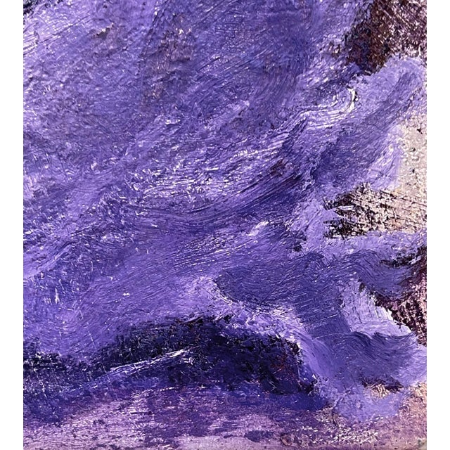 Purple Blimp by Tammi Otis | Oil on Board Oil painting of a purple blimp in a cloudy sky. For Sale - Image 4 of 5