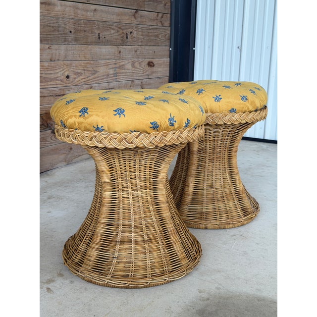 Tan Pair of Monumental Handcrafted Rattan Hourglass Ottomans by Mastercraft of Manila For Sale - Image 8 of 12