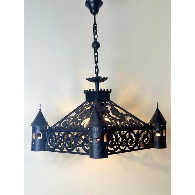 Antique Gothic Revival Wrought Iron Castle Chandelier with Turrets, 1910 For Sale - Image 14 of 18