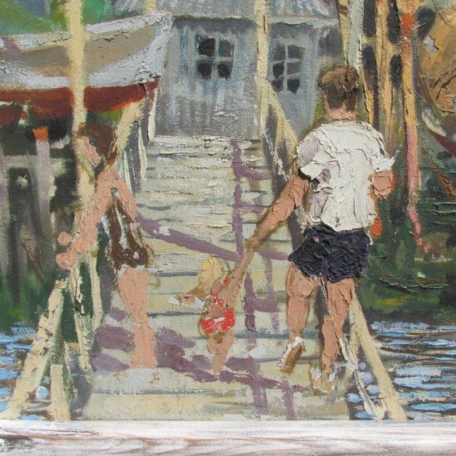 1970s Framed Oil Painting on Canvas of Dockyard and Hotel by M. Whitcombe, 1979 For Sale - Image 5 of 12