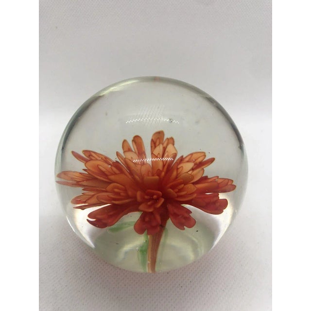 Glass Vintage Round Paperweight With Orange Flower For Sale - Image 7 of 10