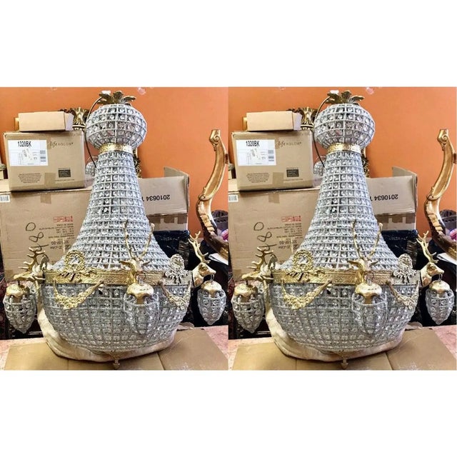1970 French Artisan Louis XVI Gold Bronze Chandeliers-Pair For Sale - Image 6 of 17