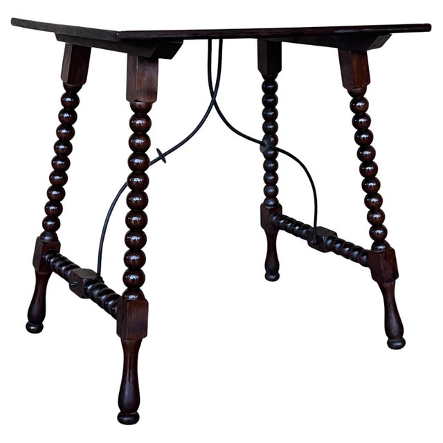 19th Spanish Side Table with Cared Turned Legs and Iron Stretcher For Sale - Image 9 of 18