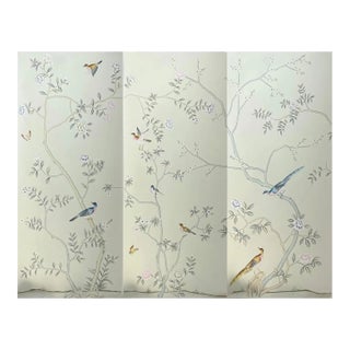 Hand-Painted Chinoiserie Wallpaper Panel With Birds, Blossoms & Branches For Sale