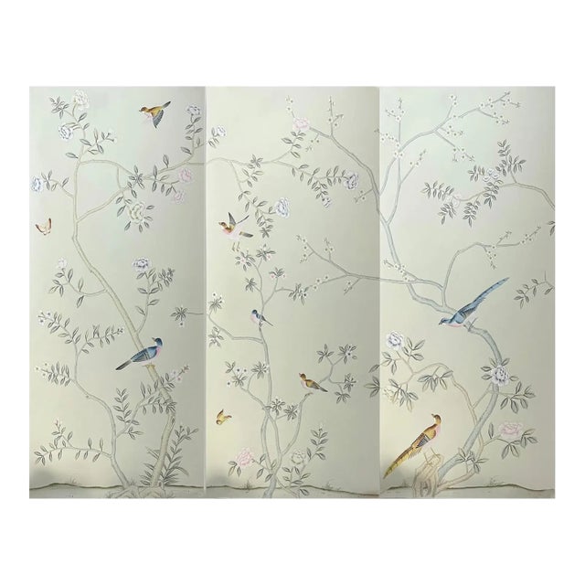 Hand-Painted Chinoiserie Wallpaper Panel With Birds, Blossoms & Branches For Sale