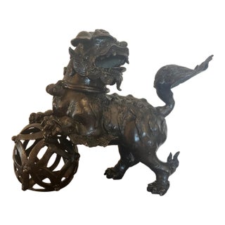 Antique Chinese Bronze Foo Dog Censer 9"H Heavy 6.5lb Guardian Lion Sculpture For Sale