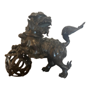 Antique Chinese Bronze Foo Dog Censer 9"H Heavy 6.5lb Guardian Lion Sculpture