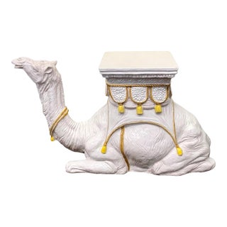 Large Scale Hollywood Regency Italian White & Yellow Tassel Terracotta Camel Side Table / Garden Seat For Sale