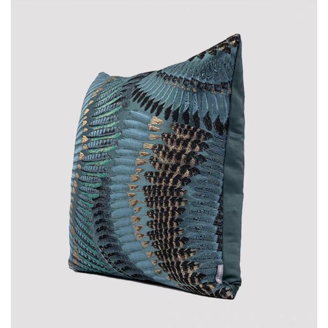 Blue-Based Feather Embroidery | 19-Inch Square Throw Pillow For Sale - Image 4 of 6