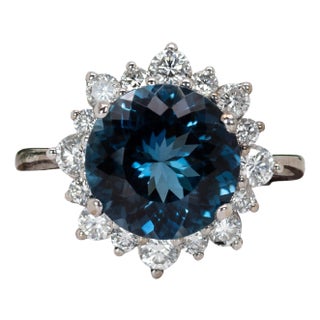4cts London Blue Topaz Ring W Natural Diamond Halo in Solid 14k Gold | Rd 9mm, Size 6.75 For Sale