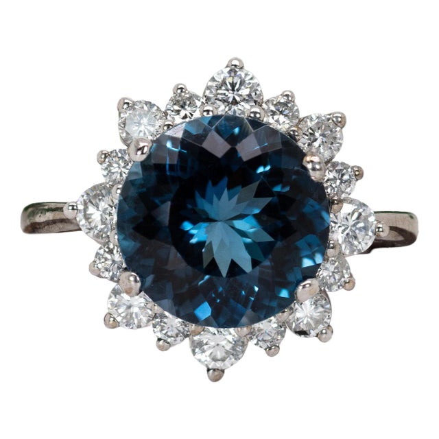 4cts London Blue Topaz Ring W Natural Diamond Halo in Solid 14k Gold | Rd 9mm, Size 6.75 For Sale