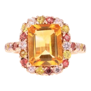 5.29 Carat Emerald Cut Citrine Sapphire Rose Gold Ring Size 7