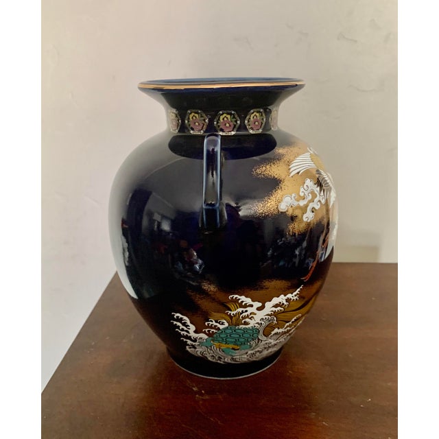 Cobalt Blue Japanese Hand Painted Kutani Porcelain Vase With Crane, Flower and Turtle Design For Sale - Image 4 of 9