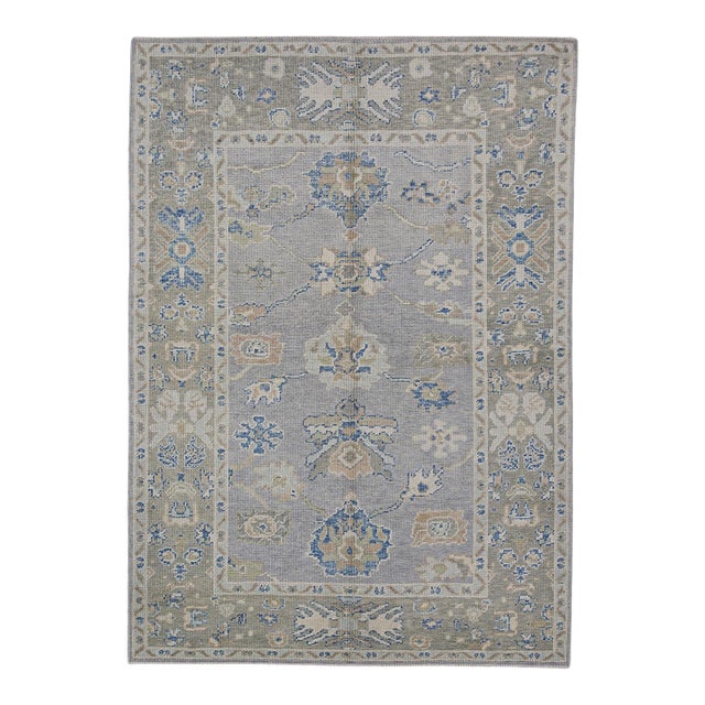 Turkish Oushak Rug Gray, Blue, Beige & Cream Handwoven Wool Rug 5'1" X 7'2" For Sale