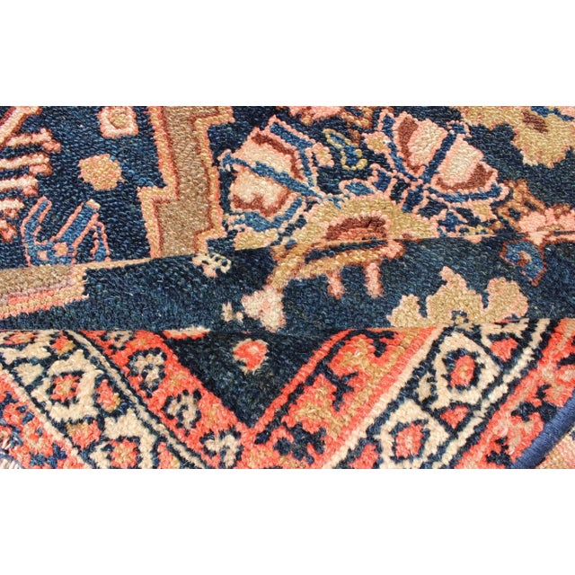 Tribal Medallion Design Antique Persian Serab Rug in Camel and Shades of Blue For Sale - Image 11 of 13