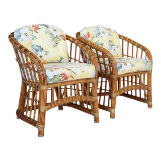 Vintage Coastal Organic Modern Pencil Rattan Lounge Chairs – Pair For Sale