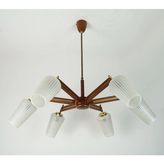 Mid-Century Sputnik 8-Light Chandelier in Teak, Brass, and Glass, 1960s For Sale - Image 15 of 15